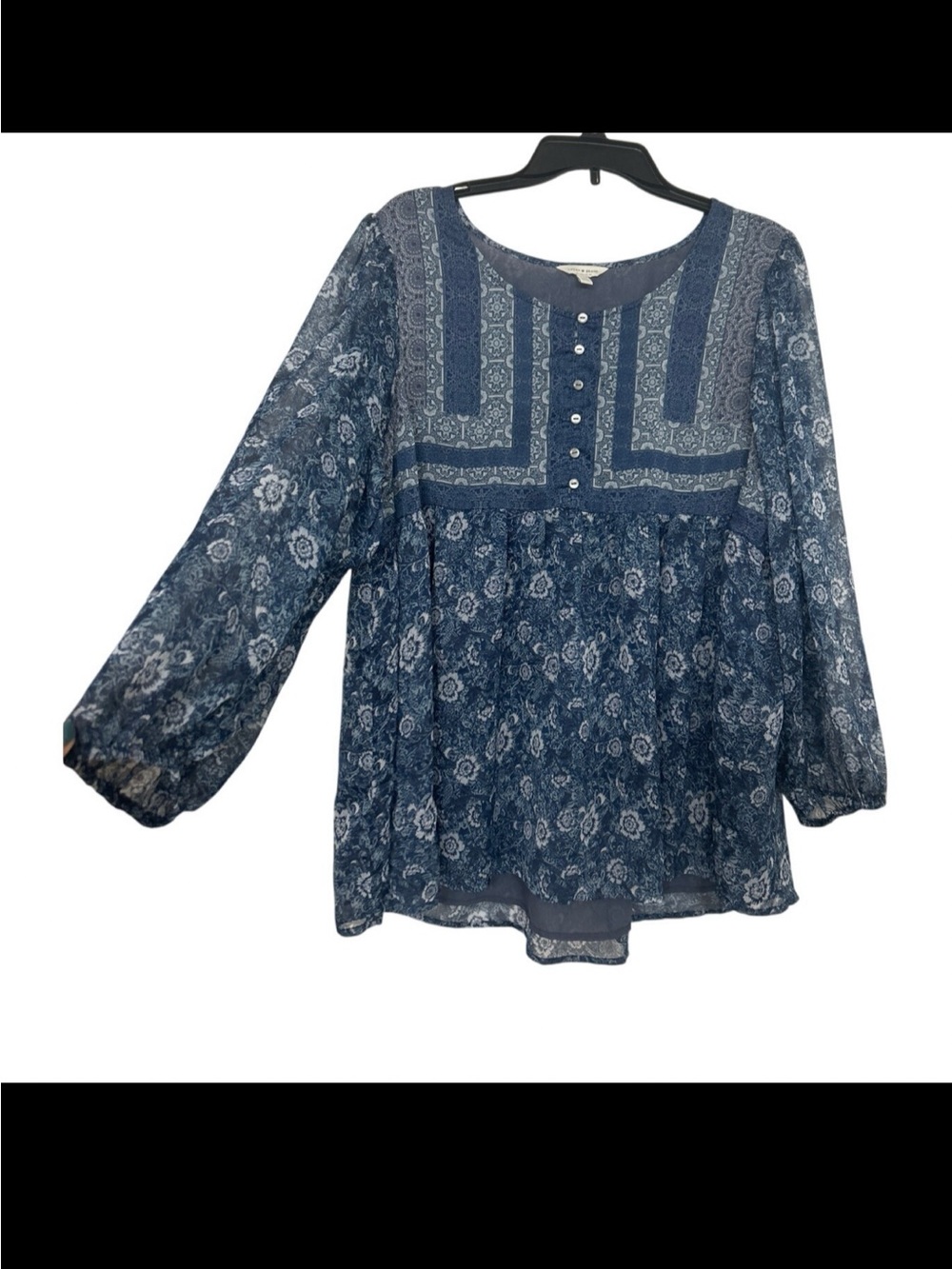 Lucky Brand Blue Floral Peasant Blouse Plus 1X Sheer Boho Prairie Cottage Top